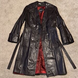 Vintage Black Leather Double-Breasted Coat